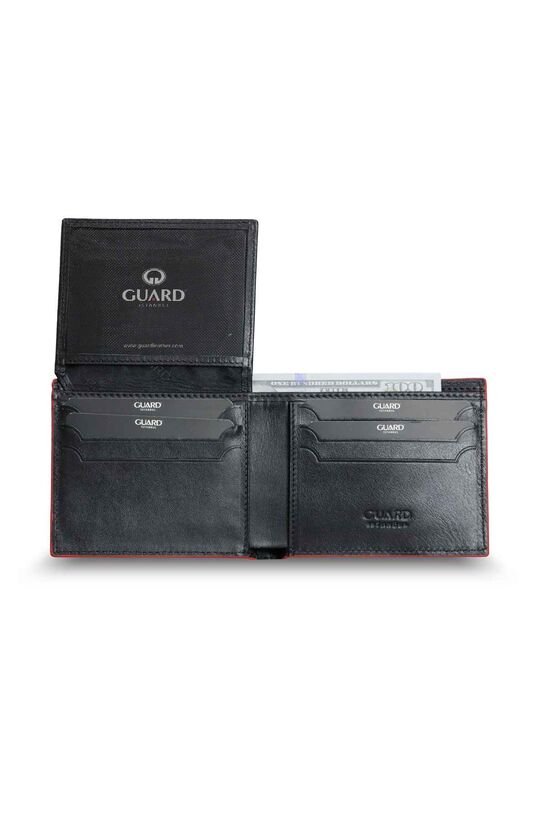 Guard Knitted Patterned Black Leather Men's Wallet with Red Border
