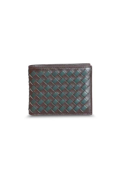 Guard Knitted Patterned Brown Green Leather Men's Wallet - Thumbnail