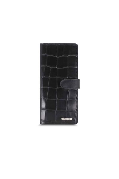 Guard Large Croco Black Leather Phone Wallet with Card and Money Compartment - Thumbnail
