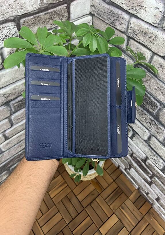 Guard Matte Navy Blue Zippered and Leather Pleated Hand Portfolio