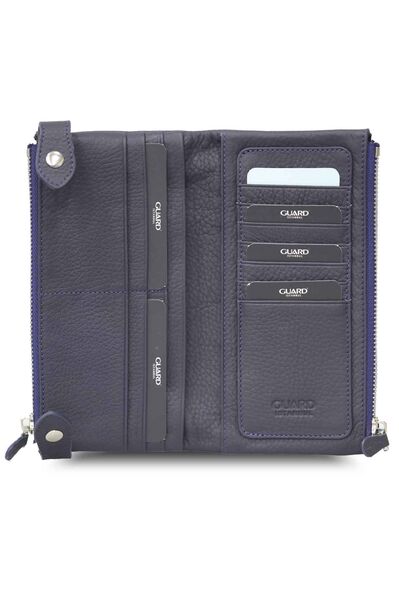 Guard Navy Blue Double Zippered Leather Women's Wallet with Phone Compartment - Thumbnail