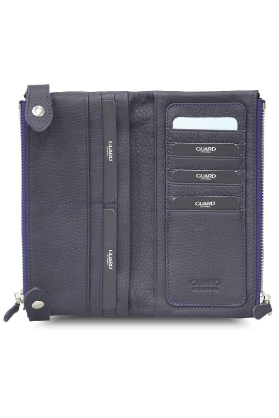 Guard Navy Blue Double Zippered Leather Women's Wallet with Phone Compartment