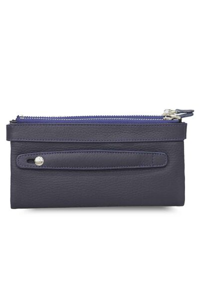 Guard Navy Blue Double Zippered Leather Women's Wallet with Phone Compartment - Thumbnail