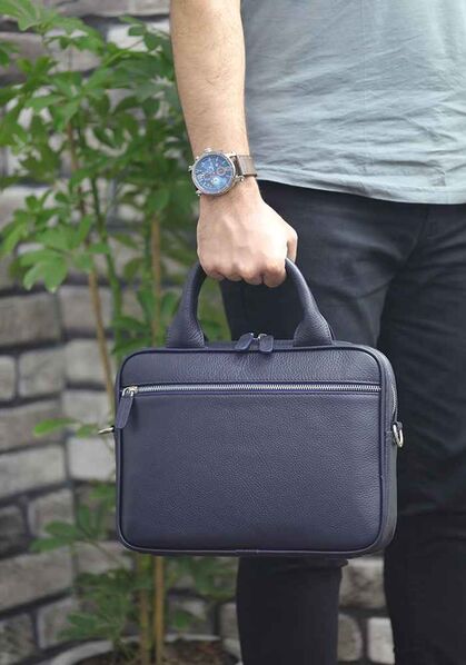 Guard Navy Blue Leather 11' inch Laptop Bag - Thumbnail