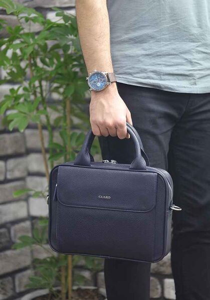 Guard Navy Blue Leather 11' inch Laptop Bag - Thumbnail