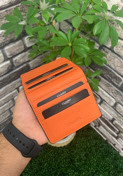 Guard Orange Paste Design Leather Card Holder - Thumbnail