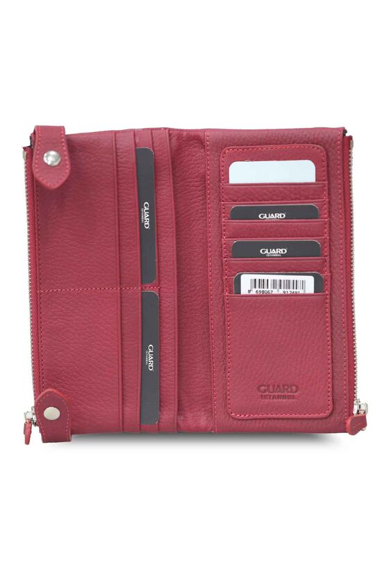 Guard Red Double Zippered Leather Women's Wallet with Phone Compartment