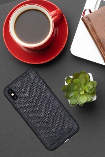 Guard Knit-Printed Black Leather iPhone X / XS Case - Thumbnail