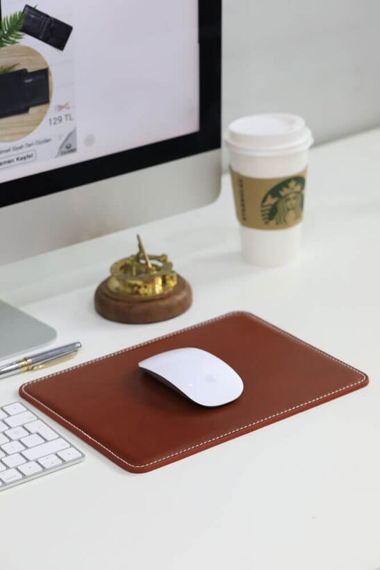 Guard Stitch Detailed Tan Leather Mouse Pad 26 x 20 Cm