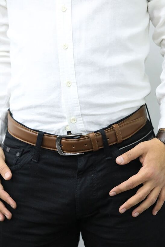 Guard Tan Stitched Classic Leather Men's Belt - 3,5 Cm