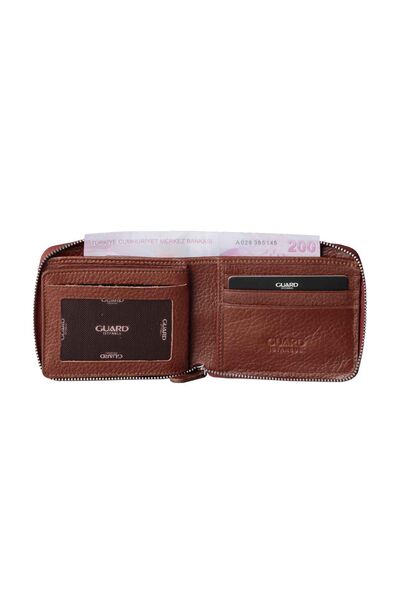 Guard Tan Zipper Horizontal Mini Genuine Leather Wallet - Thumbnail