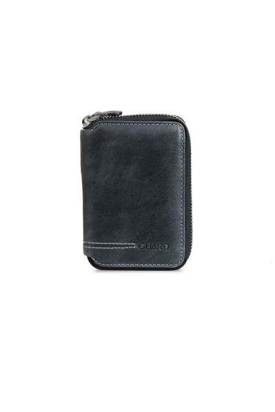 Guard Zipper Antique Black Leather Mini Wallet - Thumbnail