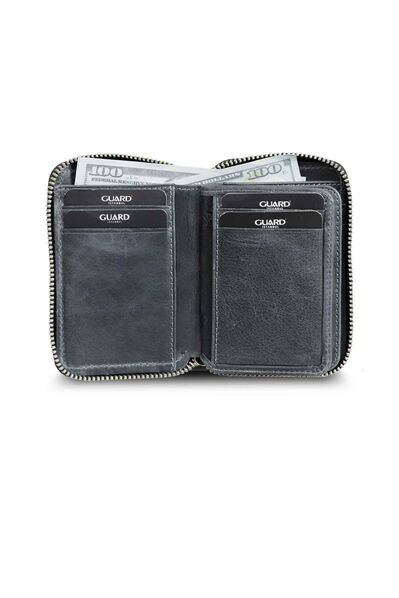 Guard Zipper Antique Black Leather Mini Wallet - Thumbnail