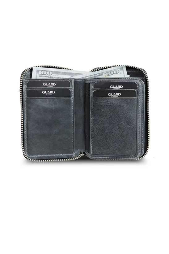 Guard Zipper Antique Black Leather Mini Wallet