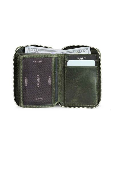 Guard Zipper Antique Green Leather Mini Wallet - Thumbnail