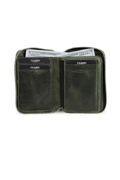 Guard Zipper Antique Green Leather Mini Wallet - Thumbnail