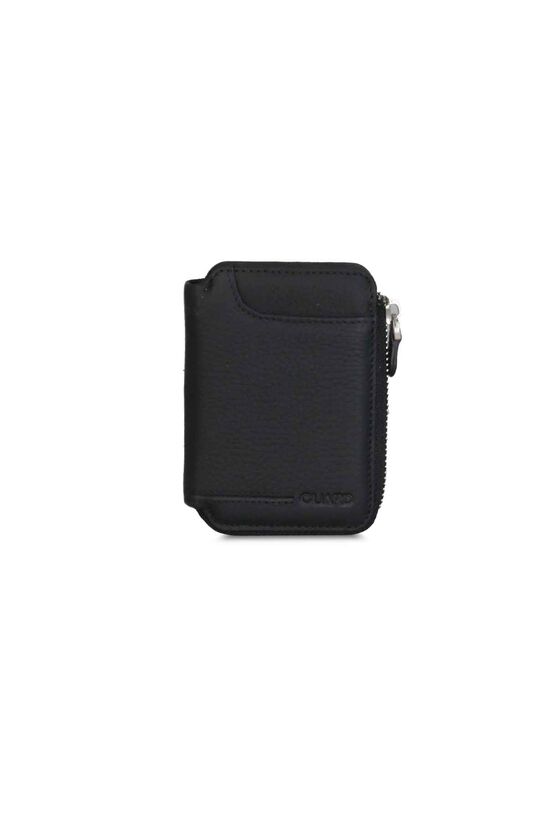 Guard Half Zipper Black Genuine Leather Mini Wallet