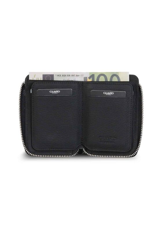 Guard Half Zipper Black Genuine Leather Mini Wallet