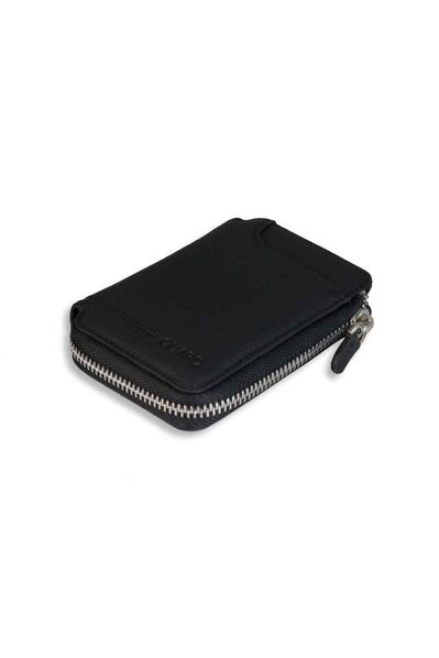 Guard Half Zipper Black Genuine Leather Mini Wallet - Thumbnail