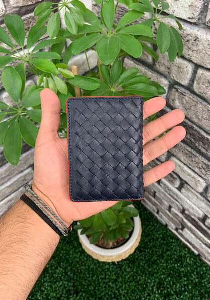 Guard Knit Printed Navy Blue Leather Card Holder - Thumbnail