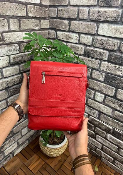 Guard Red Leather Messenger Bag - Thumbnail