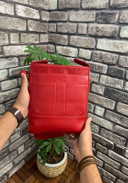 Guard Red Leather Messenger Bag - Thumbnail