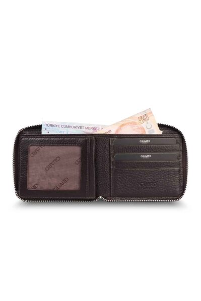 Guard Retro Zippered Leather Brown Wallet - Thumbnail
