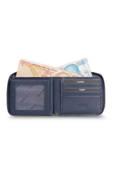 Guard Retro Zippered Leather Navy Blue Wallet - Thumbnail