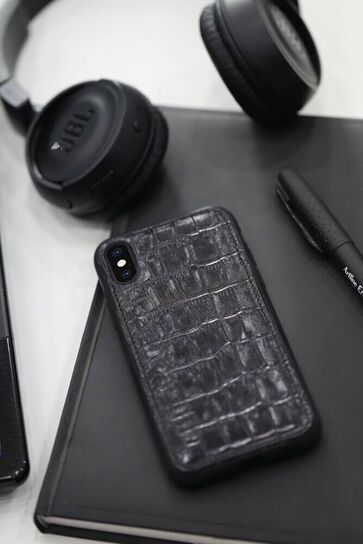 Guard Timsah Baskılı Siyah Deri iPhone X / XS Kılıfı - Thumbnail