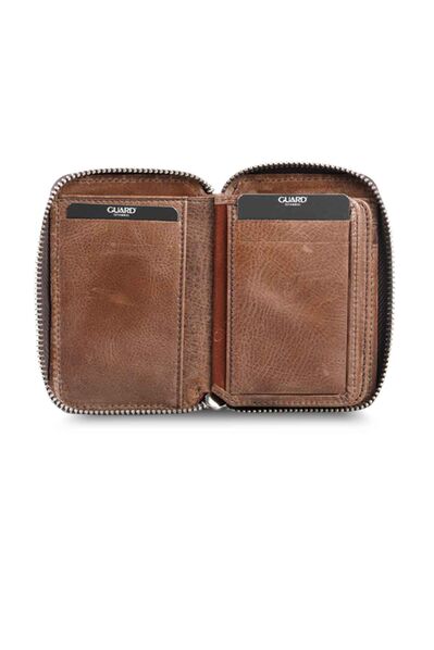 Guard Zipper Antique Brown Leather Mini Wallet - Thumbnail