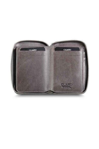 Guard Zipper Antique Gray Leather Mini Wallet - Thumbnail