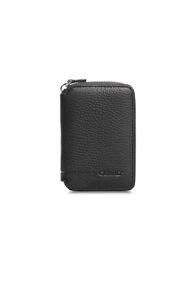 Guard Zipper Black Leather Mini Wallet - Thumbnail