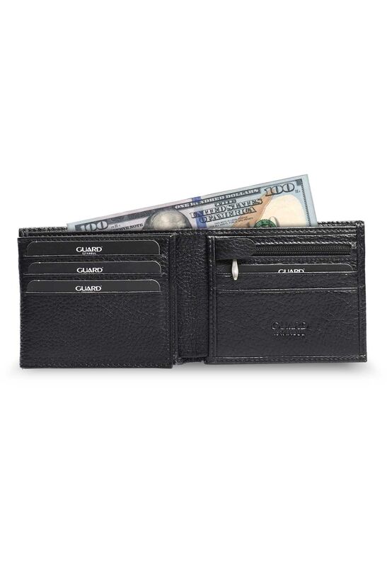 Guard Zippered Black Leather Men's Wallet with Coin Entry