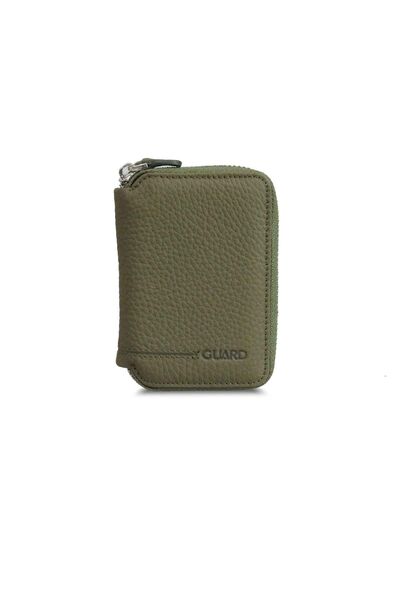 Guard Zippered Green Leather Mini Wallet - Thumbnail