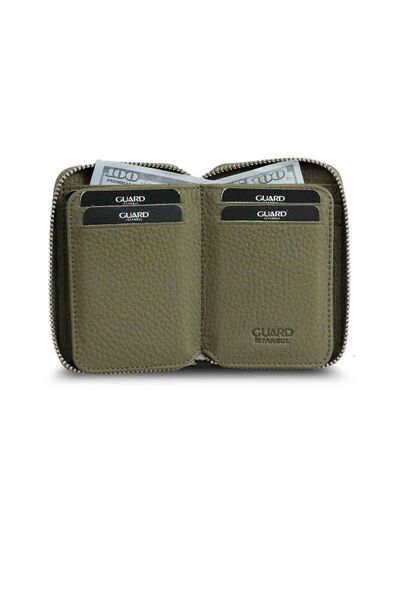 Guard Zippered Green Leather Mini Wallet - Thumbnail