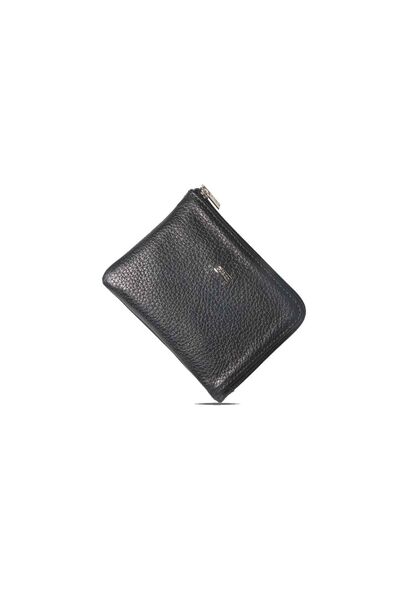 Slim Black Unisex Leather Wallet With Guard Zipper - Thumbnail
