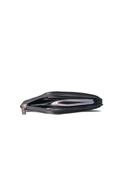 Slim Black Unisex Leather Wallet With Guard Zipper - Thumbnail